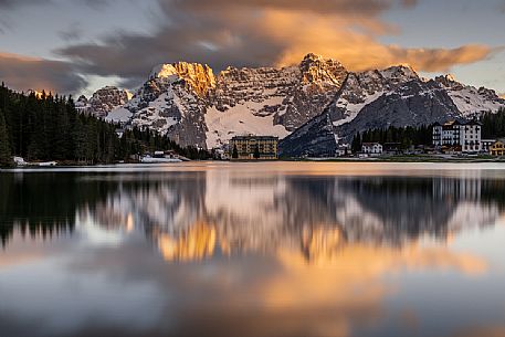 Misurina lake during a beautiful sunset, Auronzo di Cadore, Dolomites, Veneto, Italy, Europe